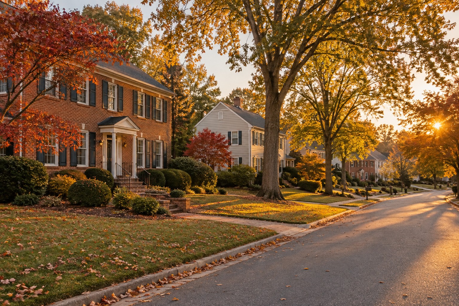 A Fredericksburg region neighborhood street at golden hour, illustrative