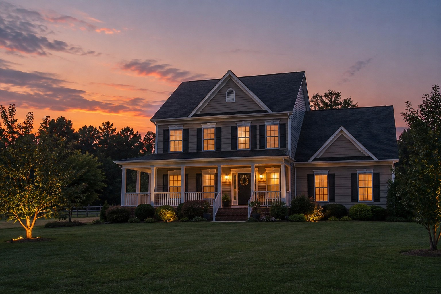 A Virginia home exterior at dusk, illustrative
