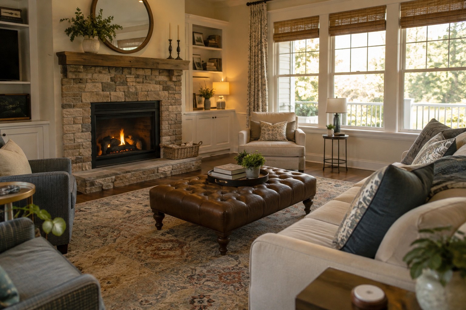 A cozy Virginia living room, illustrative